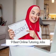 a woman in hijab holding up a sign that says,'best online tutoring jobs '