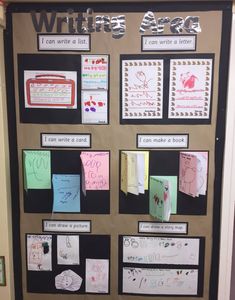 a bulletin board with writing and pictures on it