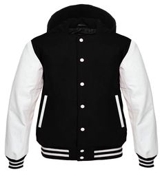 Hooded Varsity Lettermen baseball Jacket Black with White Genuine Leather Sleeves Custom Letterman School Jacket, Hoodie Jacket Women, Biker Jacket Men, Royal Clothing, Retro Sports, Leather Sleeves, Wholesale Shirts, Letterman Jacket, White Men