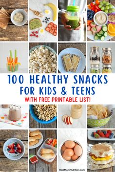 the top ten healthy snacks for kids and teens with free printable list on them