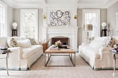 a living room filled with furniture and a fire place in the middle of a room