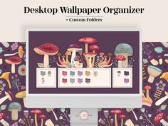 desktop wallpaper organizer and custom folders with colorful mushrooms on purple background in front of a computer screen