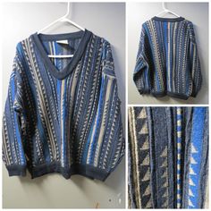 "vintage Toorallie sweater Coogi Style Sweater made in Australia. 100% Merino wool- Shades of blue with textured weaves. This is a chunky knit, Very Artsy and perfect for cooler weather. This is in very nice condition, mild wear- no stains tears or holes this is suitable for Men, Women marked size Mens L Measurements taken laying flat: armpit to armpit 23\" top to bottom of sweater 24\" armpit to bottom of sleeve 20\"" Bohemian Wear, Blue Shades Colors, Coogi Sweater, Grandpa Sweater, Style Sweater, Pattern Sweater, Sweater Making, Blue Pattern, Blue Sweaters