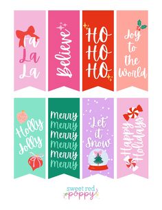 six christmas banners with the words merry, let it snow, and joy to the world