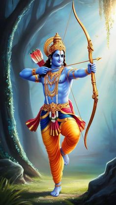 lord rama with bow and arrow in his hand, standing on the ground next to trees