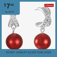 Pearl Type: Simulated PearlsFeatures: Hypoallergenic, RhinestonesEarring Back: PostShape: RoundMetal Color: Silver ToneEarring Length: 28.4mmEarring Width: 12mmCare: Wipe CleanStone Type: 36 GlassEarrings Type: Post EarringsEarrings Style: Drop EarringsMetal: ZincCountry of Origin: Imported Monet Jewelry, Earrings Red, Red One, Pearl Types, Earrings Drop, Jewelry Silver, Silver Tone, Silver Jewelry, Drop Earrings