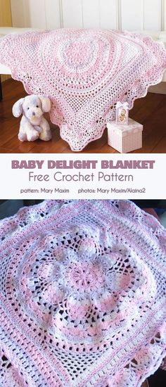 a crocheted baby blanket with a teddy bear on the floor next to it