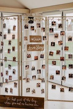 a room divider with pictures on it and a sign that says our love story