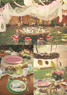 the table is set up for a tea party with pink and green decorations on it