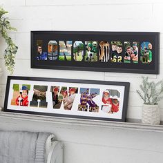 a family photo hanging on the wall next to a shelf with a vase and potted plant