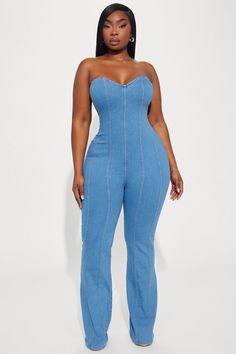 Available In Medium Wash. Denim Jumpsuit Strapless Sweetheart Neckline Seam Detail Back Zipper Wide Leg Slight Stretch Inseam= 34" Disclaimer: Due To The Specialized Wash. Each Garment Is Unique. Self: 56% Cotton 22% Polyester 20% Rayon 2% Spandex Imported | Catch Me Outside Denim Jumpsuit in Medium Wash size XL by Fashion Nova Strapless Sweetheart Neckline, Denim Jumpsuit, Fashion Nova, Wide Leg, Spandex, The Outsiders, Jumpsuit, Zipper