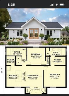 a floor plan for a small house with two bedroom and an attached garage area,