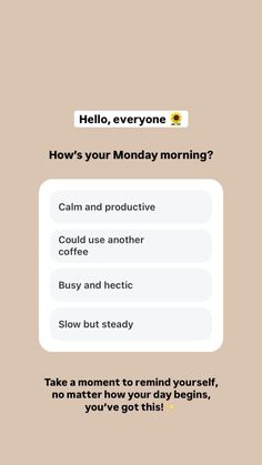 a text message with the words hello, everyone how's your monday morning?