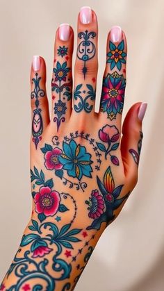 Neotraditional Hand Tattoo, Hand Tattoo Flower, Feminine Hand Tattoos, Handshake Tattoo, Girly Hand Tattoos, Unique Hand Tattoos, Hand Tattoo Designs, Thumb Tattoos, Word Tattoo