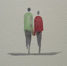 two people standing next to each other in front of a white wall with watercolor paint