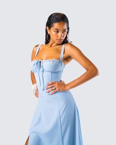 Feeling blue has never looked so cute 😌 With its dreamy hue and flowy silhouette, this dress featuring corset boning, a lace-up back, and a tie at the center bust is full of whimsy 💙 Mini Dress With Sweetheart Neckline And Tie Back, Blue Corset Dress With Sweetheart Neckline, Blue Corset Dress With Boned Bodice, Flirty Square Neck Corset Dress With Corset Back, Blue Sleeveless Mini Dress With Corset Back, Blue Corset Back Dress, Blue Sleeveless Dress With Boned Bodice, Blue Dress With Boned Bodice And Sweetheart Neckline, Blue Corset Dress With Sweetheart Neckline And Boned Bodice