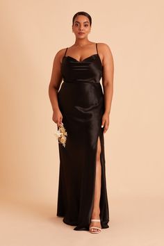 Featuring a 90's cowl neck, this floor-length shiny satin bridesmaid dress is a head-turning statuesque beauty. Available in Black. Our satin midi got a glow-up! | Black Bridesmaid Dress Shiny Satin Size Large | Birdy Grey Lisa Long Black Bridesmaid Dresses Long, Dresses Long Elegant, Black Bridesmaid Dress, Satin Gowns, Black Bridesmaid, Satin Bridesmaid Dress, Birdy Grey, Satin Dress Long, Black Bridesmaid Dresses