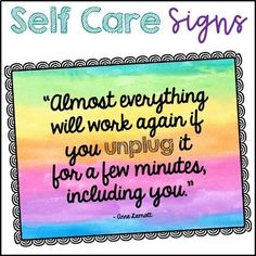 a quote that says self care signs with an image of a rainbow and blue background