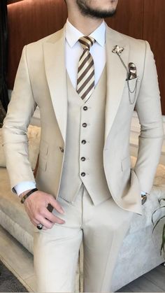 Collection: BespokeDaily Spring – Summer 2022  Product: Slim-Fit 3 Piece Suit  Color Code: Beige  Size: EU46/US36 S | EU48/US38 S | EU50/US40 S | EU52/US42 S | EU54/US44 S | EU56/US46 S | EU58/US48 S  Suit Material: 49% polyester, 49% Viscose, 2% Elestan  Drop: 8  Cutting: Italian  Button: One Button  Vents: Double Vent  Machine Washable: No  Fitting: Slim-fit  Package Include: Jacket, Vest and Pants Beige Mens Suit, 3 Piece Suit For Men, Coat Pant For Men, Italian Style Suit, Wedding Suits Men Black, Pant Top, Classy Suits