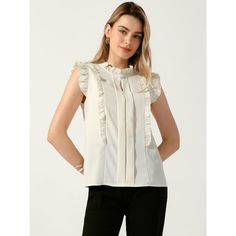 This Allegra K Women's Ruffle Shirt is perfect for spring and summer, suitable for various occasions such as office, work, business, casual, and dates. The sleeveless design with ruffled trim and keyhole button neck adds an elegant and feminine touch. This solid color top can be paired with jeans or straight-leg pants for work, or flared skirts for daily outfits. Made of 100% polyester, it offers a regular fit and is machine washable in cold water with like colors. Available in multiple sizes, t Casual Beige Blouse For Office Wear, Casual Beige Blouse For Office, Casual Beige Office Blouse, Spring Office Lady Blouse For Workwear, Spring Office Lady Blouse For Business Casual, Office Lady Blouse For Business Casual In Spring, Spring Business Casual Blouse, Spring Business Casual Office Lady Blouse, Beige Office Lady Tops