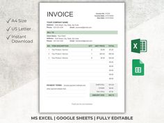 an invoice is displayed on top of a piece of paper with the title'ms excel google sheets fully editable '