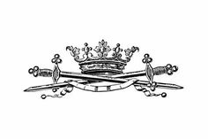 a black and white drawing of two swords with a crown on top