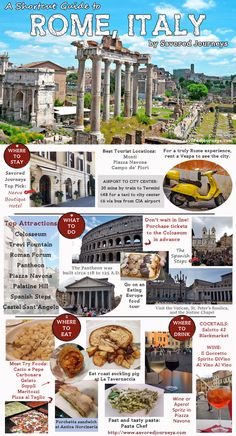 a poster with pictures of ancient buildings and food on it's sides, including the collage of roman ruins