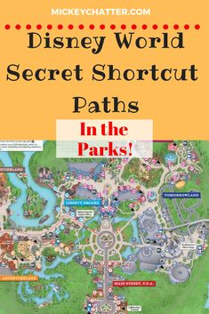 the disney world secret shortcut paths in the park with text overlaying it