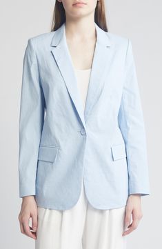 This lightweight linen-blend blazer is designed in a longline one-button silhouette. 28" length One-button closure Notched lapels Front flap pockets 66% linen, 30% viscose, 4% elastane Dry clean Imported Linen Single Button Blazer For Office, Single Button Linen Blazer For Office, Linen Blazer With Concealed Placket For Work, Spring Linen Business Blazer, Business Linen Outerwear, Spring Single Button Flat Front Blazer, Spring Single Breasted Flat Front Blazer, Spring Single Breasted Blazer With Flat Front, Spring Linen Flat Front Blazer