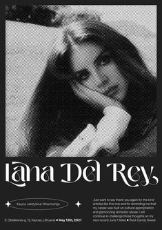 a black and white photo of a woman with her hand on her chin, next to the words lana del rey