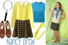 a woman in yellow sweater and plaid skirt next to pictures of shoes, purses and accessories