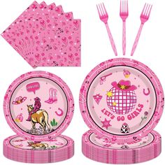 pink party supplies including plates, napkins and utensils for children's birthday parties