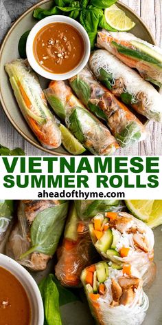 vietnamese summer rolls on a plate with dipping sauce