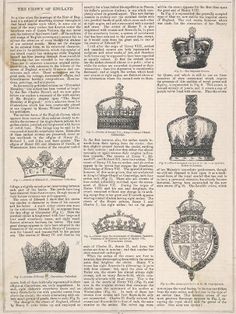 an old book page with several crowns and insignias on it, including the queen's crown