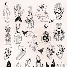 an image of tattoos drawn on paper with different shapes and sizes, including flowers in vases