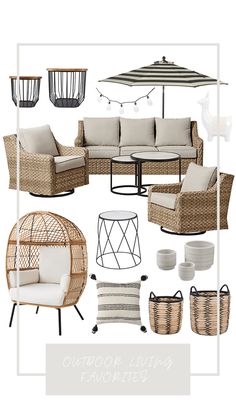 an outdoor living room with wicker furniture and accessories