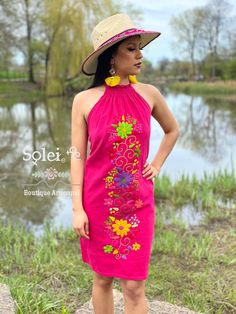 This Beautiful Halter Dress is the perfect Party dress. Its cute design and bold colors is the perfect combination, it also has elastic on the back for a tighter fit. The large florals are all hand embroidered which means the embroidered details vary On each dress, making them one of a kind. Purchase the earrings modeled here: https://www.etsy.com/es/listing/789091492/aretes-artesanales-pintado-a-mano-aretes?ref=listings_manager_grid Fitted Sleeveless Embroidered Sundress, Pink Floral Embroidered Sleeveless Mini Dress, Pink Sleeveless Floral Embroidered Mini Dress, Embroidered Summer Mini Dress, Pink Floral Embroidery Sleeveless Mini Dress, Pink Sleeveless Mini Dress With Floral Embroidery, Embroidered Mini Summer Dress, Pink Floral Embroidery Summer Dress, Pink Sleeveless Embroidered Dress For Summer