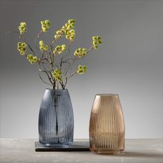 two vases with flowers in them sitting on a table