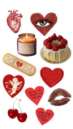 various valentine's day items are arranged in the shape of hearts and pies