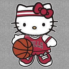 a hello kitty holding a basketball and wearing a red jersey with the word bulls on it