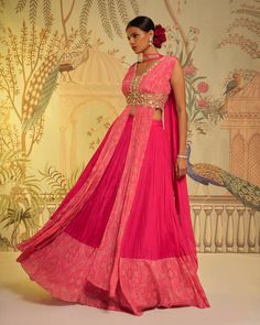 Editor's Note The rani bandhini anarkali lehenga set is a regal and enchanting ensemble that showcases the rich heritage of indian fashion. The anarkali-style top features intricate bandhini work in a vibrant rani pink hue, exuding elegance and grace. Paired with a voluminous lehenga skirt, this set creates a stunning silhouette that is perfect for special occasions and celebrations. Color: Pink Fabric: Lehenga & stole dupatta: georgette crepe, blouse: crepe silk Components: Anarkali, lehenga an Pleated Lehenga, Orang India, Bandhani Print, Pink Anarkali, Bridal Lehenga Designs, Anarkali Lehenga, Rani Pink, Crepe Blouse, Padded Blouse