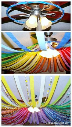 the ceiling is decorated with colorful ribbons and lights