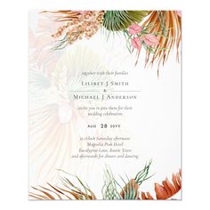 a wedding card with tropical leaves and flowers