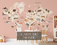 a map of the world with animals on it and words that read carte du monde