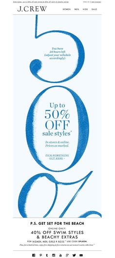 the jcreww coup for 50 % off sale styles is shown in blue and white