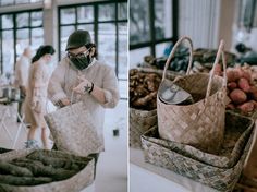 a woman wearing a face mask standing next to baskets filled with food