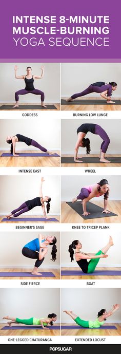 a woman doing yoga poses with the words intense 8 - minute muscle burning yoga sequence