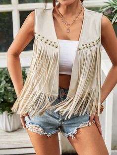 Fringe Trim Open Front Vest Summer Jacket Apricot Boho  Sleeveless Woven Fabric Plain vest Non-Stretch  Women Clothing, size features are:Bust: ,Length: ,Sleeve Length: Cheap Fringed Tops For Vacation, Cheap Chic Fringe Tops, Cheap Distressed Summer Vest, Glitter Fringe Vest, Macrame Vest Pattern Free, Macreme Vest, Sleeveless Denim Vest For Festivals, Sleeveless Festival Outerwear, Fitted Sleeveless Outerwear For Festival