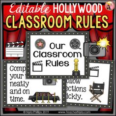 an editable classroom rules poster with movies and clapsticks on the screen,