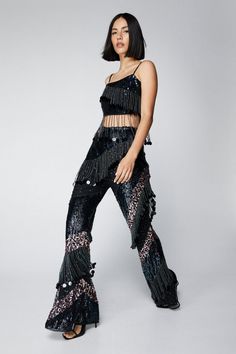 Sequin Beaded Tassel Flare Trousers | Nasty Gal Sequin Two Piece, Silhouette Head, San Francisco Apartment, Shake It, Flare Trousers, Sequin Beading, Going Out Outfits, Beaded Tassels, Wedding Guest Outfit